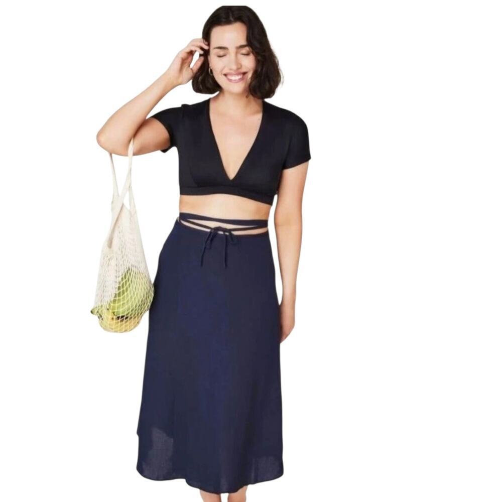Andie Swim Wrap Maxi Skirt S/M Navy Blue Linen Blend Vacation Beach Resortwear